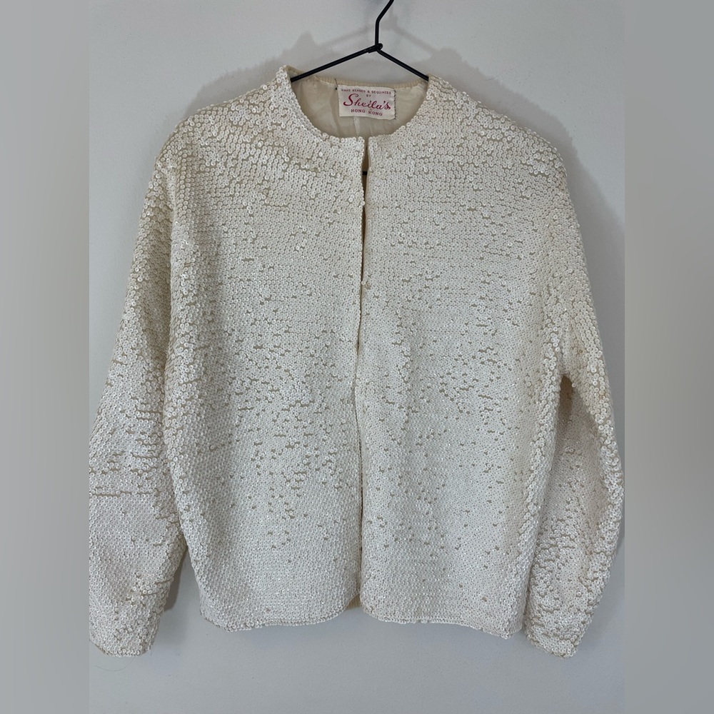 Hand beaded and sequinced vintage white cardigan by Sheila’s Hong Kong